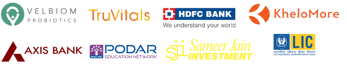 Velbiom Probiotics, TruVitals, HDFC Bank, Axis Bank, LIC, Podar Education Network, KheloMore, and Sameer Jain Investment.