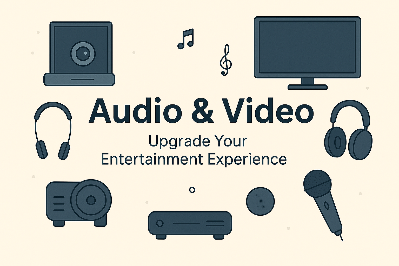 Audio and video equipment including headphones, speakers, and a video camera.
