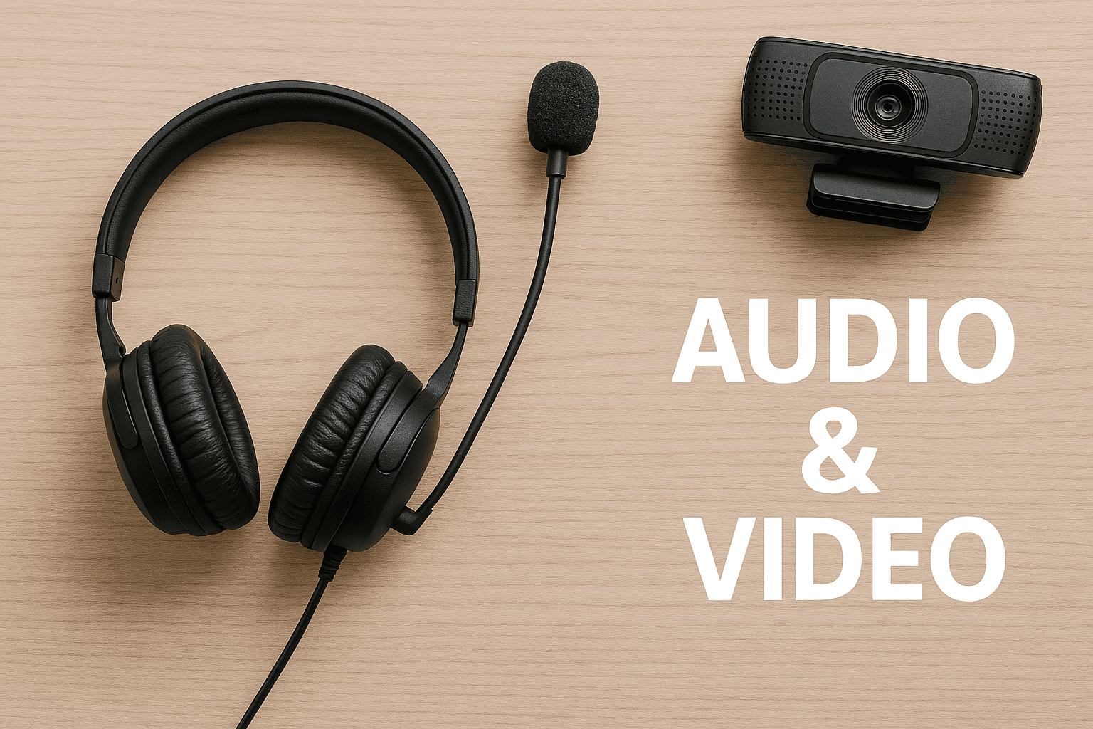 "High-quality audio and video devices, including sleek black headphones and an HD webcam, set against a light wooden background with 'AUDIO & VIDEO' text displayed prominently."