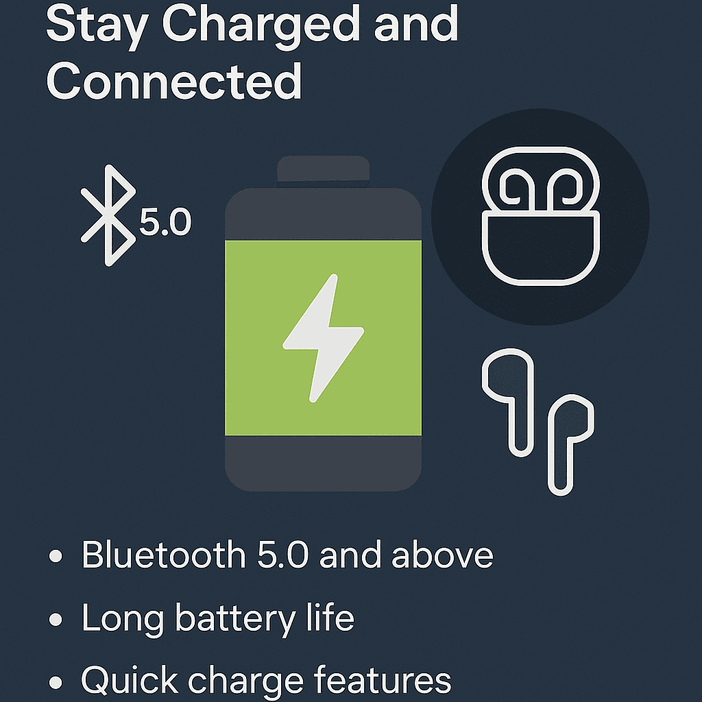 “Icons of battery, Bluetooth, and earbuds showing wireless audio connectivity and charging.”
