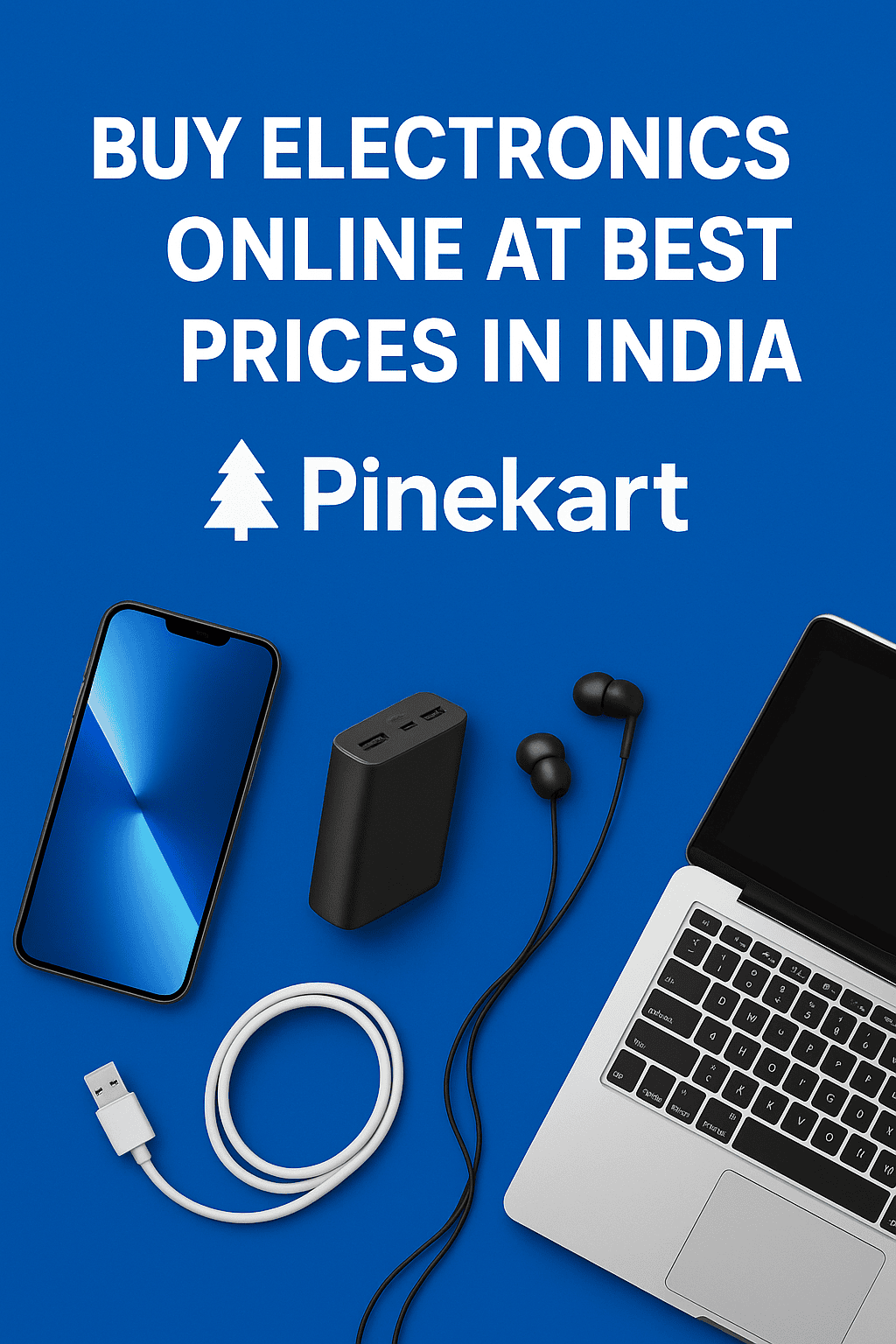 Buy Electronics Online at Best Prices in India – Pinekart featuring smartphone, power bank, earphones, laptop, and charging cable on blue background.