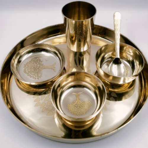Premium golden brass thali set with bowls, spoon, and glass – Traditional Indian crockery by Homizon