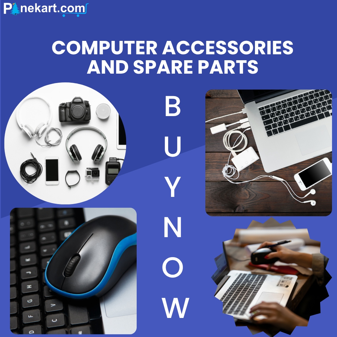 Assorted computer accessories and spare parts including keyboard, mouse, SSD, RAM, and cables arranged on a workspace