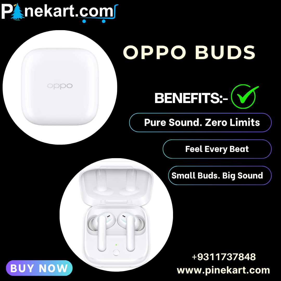 Oppo Buds replacement charging case and earbuds with Bluetooth pairing support, including labeled parts and a smartphone displaying Bluetooth settings.