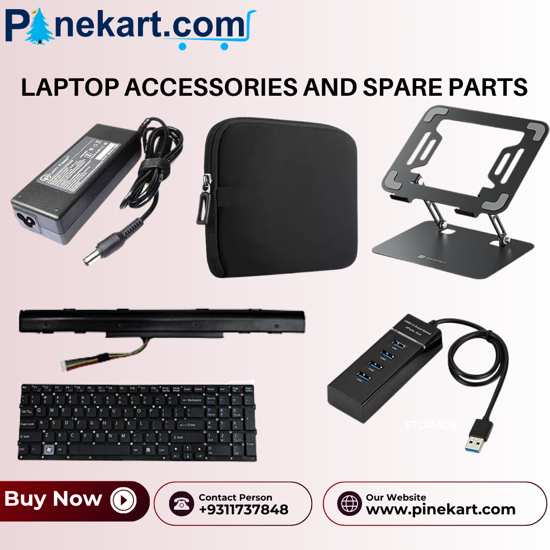 Assorted laptop accessories and spare parts including charger, cooling pad, keyboard, mouse, and battery for enhanced performance and repair needs.