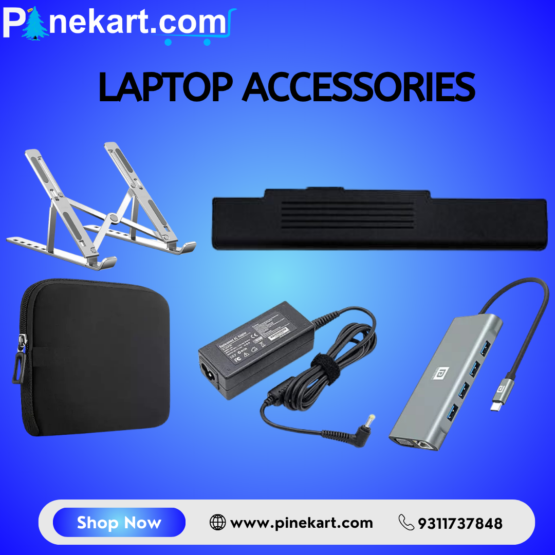 Top view of various laptop accessories including a cooling pad, wireless mouse, external keyboard, USB hub, and laptop stand arranged on a wooden desk.