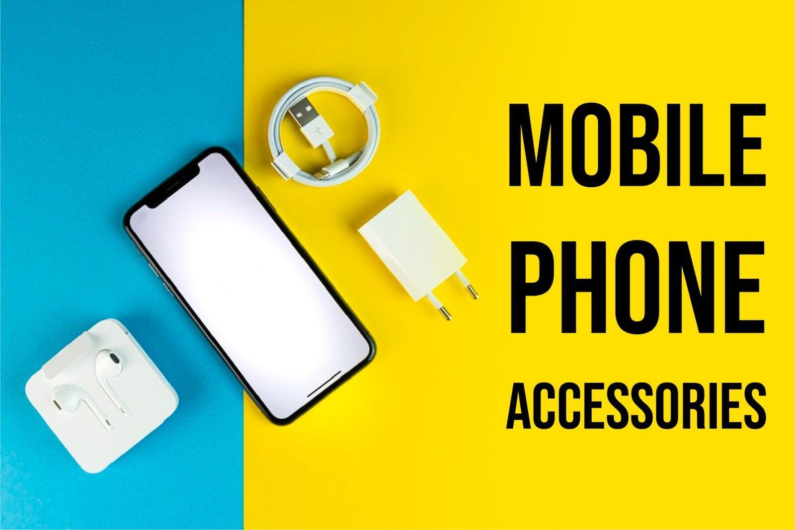 "Collection of modern mobile accessories including phone case, earbuds, charger, and ring holder."