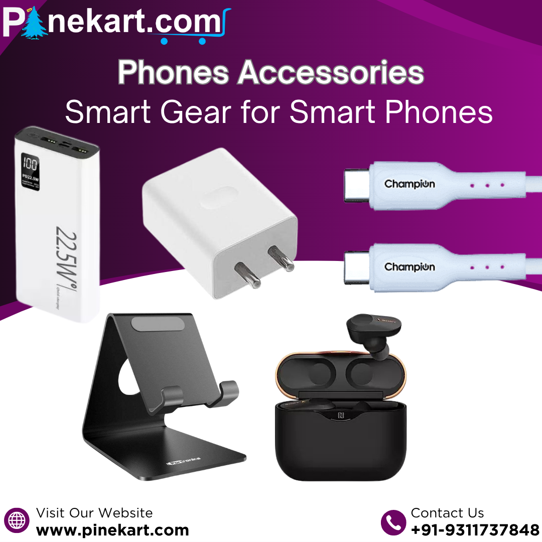 "Assorted mobile phone accessories including chargers, cases, earphones, power banks, and OTG cables displayed on a flat surface."