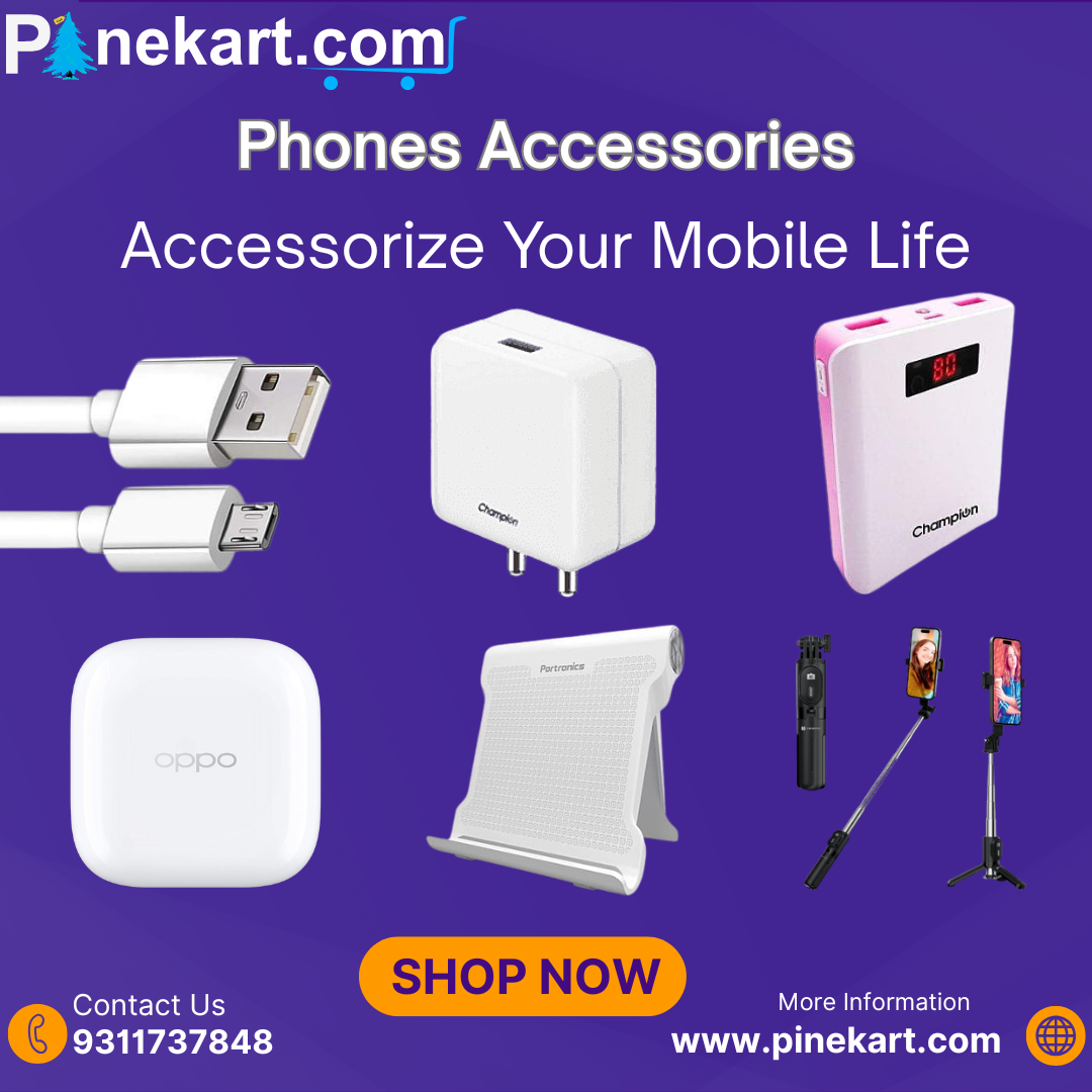 "Essential phone accessories including charger, power bank, earphones, phone case, and screen protector arranged neatly on a table."