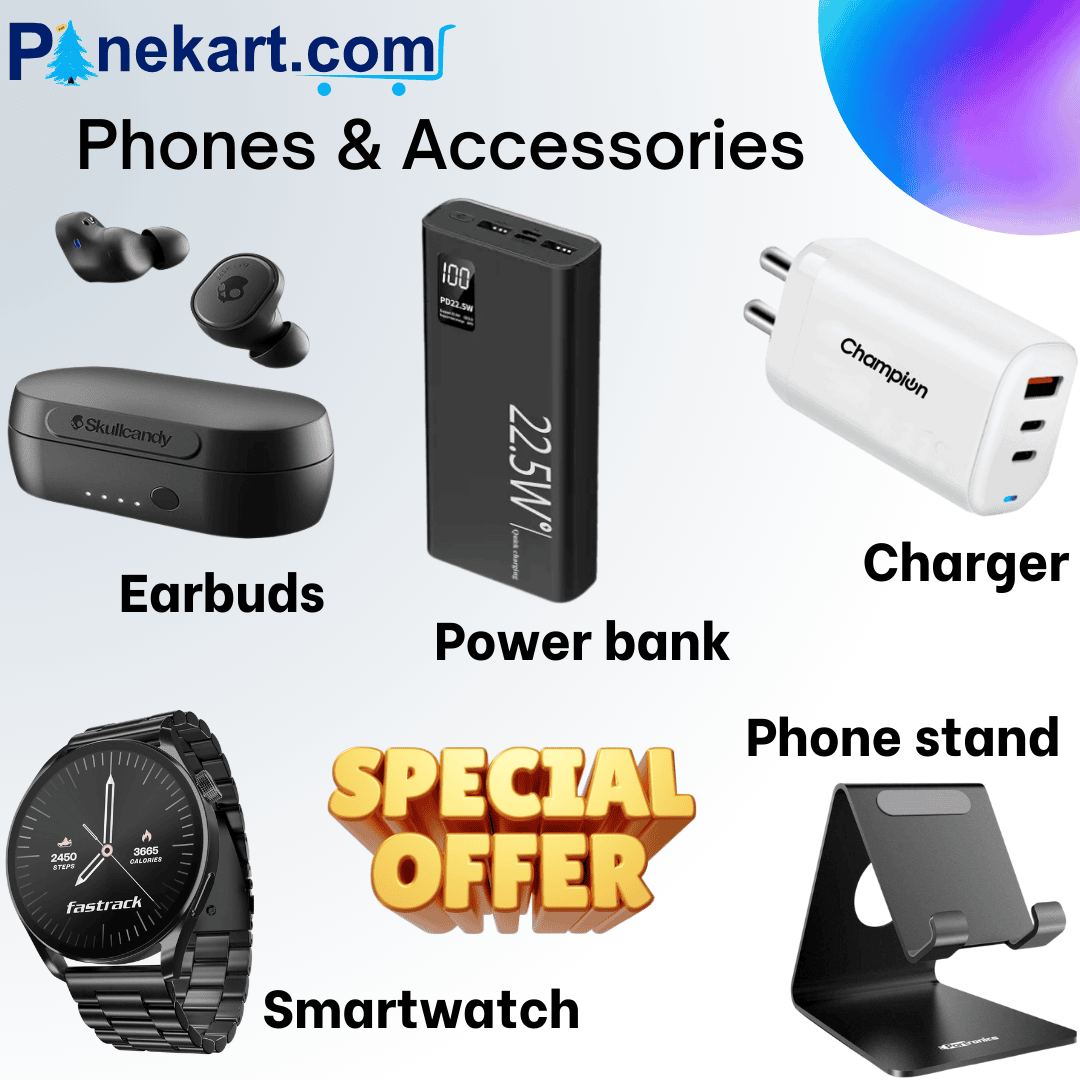 "Flat lay of essential phone accessories including a wireless charger, power bank, mobile stand, protective cases, screen guards, Bluetooth earbuds, headphones, and a smartwatch on a modern desk."