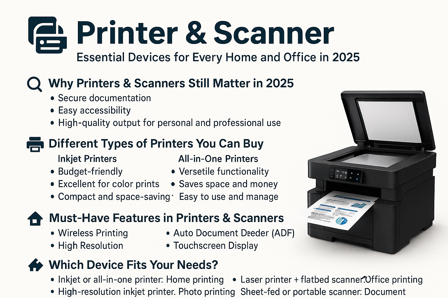 A stylish workspace featuring a modern printer and scanner on a wooden desk, with documents being scanned and printed, set in a well-lit home office.