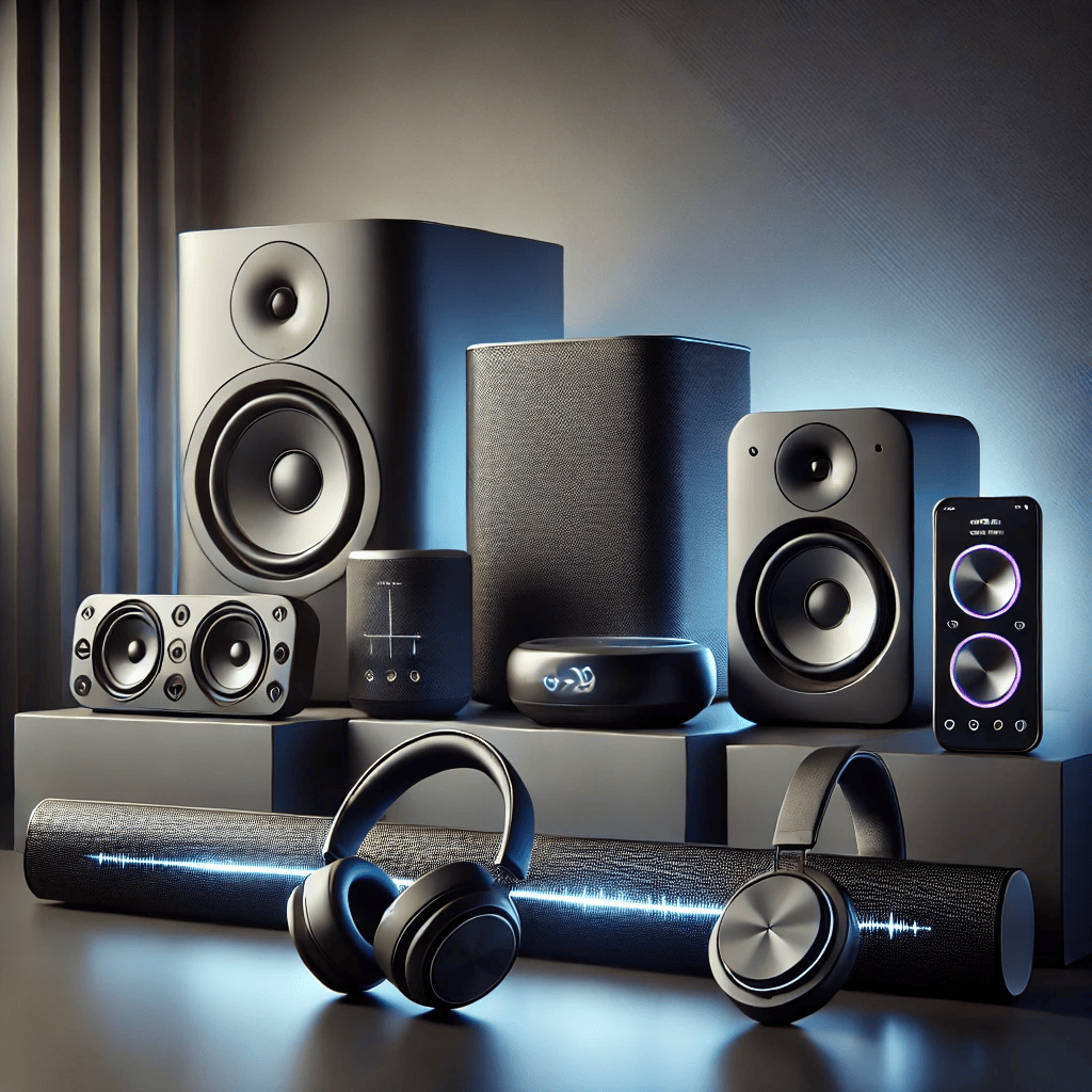 "Modern and stylish speakers and audio devices, including wireless Bluetooth speakers, smart home speakers, high-fidelity soundbars, and noise-canceling headphones, displayed on a sleek surface with soft ambient lighting."