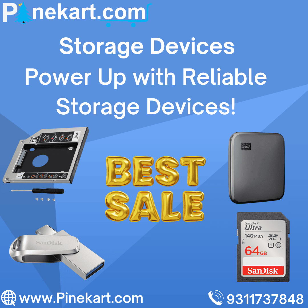 "Various storage devices including a USB flash drive, external hard drive, SSD, and memory card, used for data storage and transfer."
