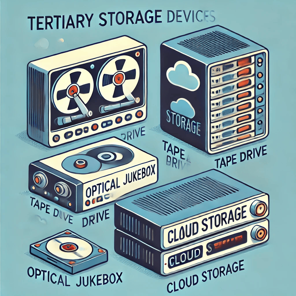 "Illustration of tertiary storage devices, including a tape drive, optical jukebox, and cloud storage server racks."