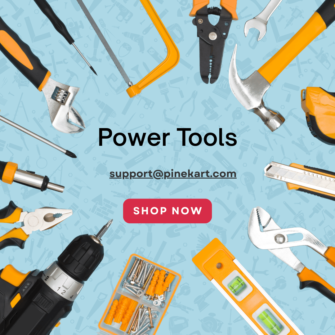 "Power tools including a drill, angle grinder, and electric screwdriver placed on a wooden workbench in a workshop."