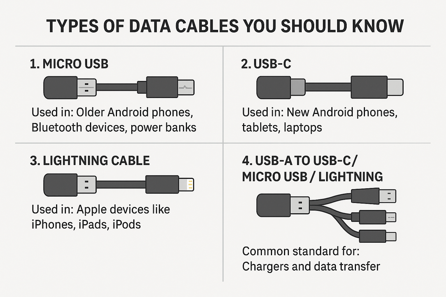 "Image showing various types of data cables including USB-C, Micro USB, and Lightning."