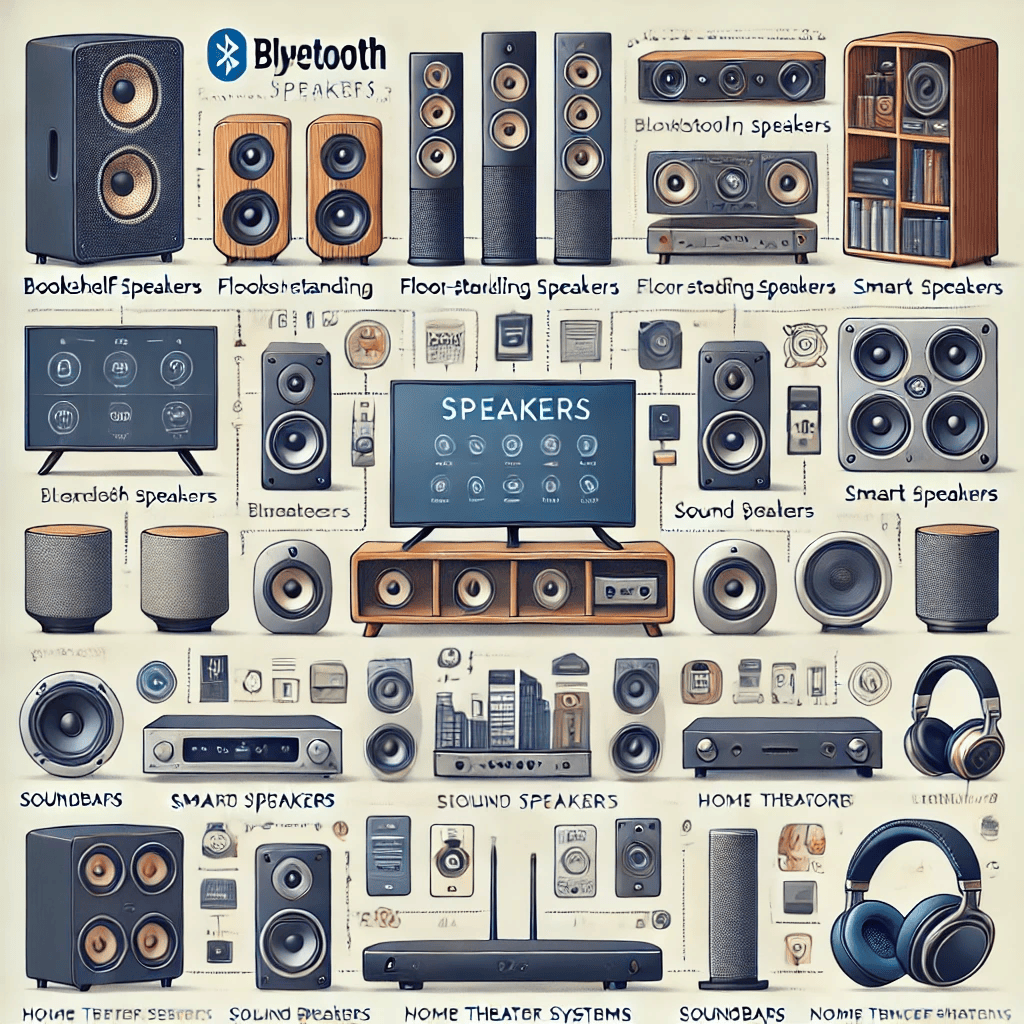 An informative display of various types of speakers and audio devices, including bookshelf speakers, floor-standing speakers, Bluetooth speakers, smart speakers, soundbars, home theater systems, and noise-canceling headphones, arranged neatly in a modern setting with labels highlighting their unique features."