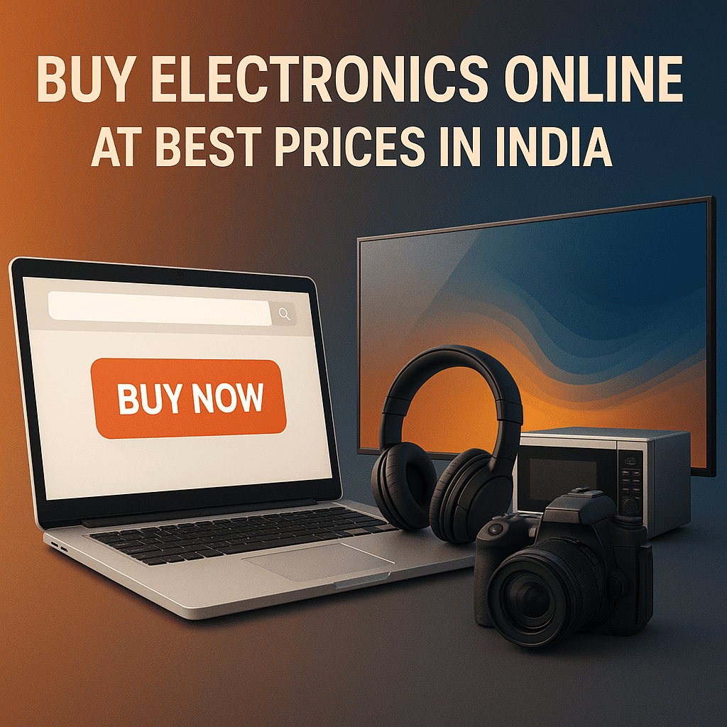 Image showing a variety of electronic gadgets like smartphones, laptops, and accessories with price tags, representing buying electronics online at the best prices in India.