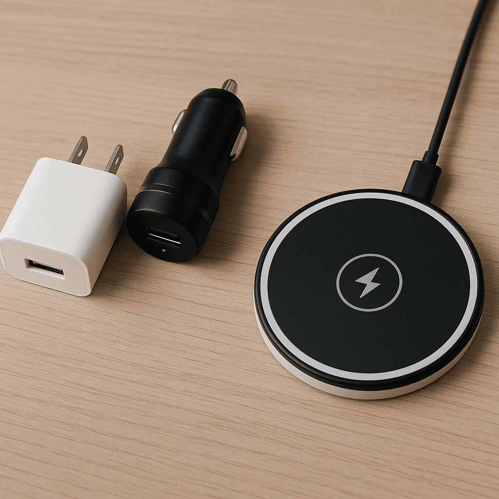 "Wall charger, car charger, and wireless charger on a wooden surface."