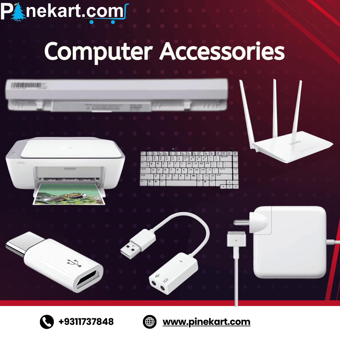 "Essential computer accessories including a keyboard, mouse, headset, and laptop stand."
