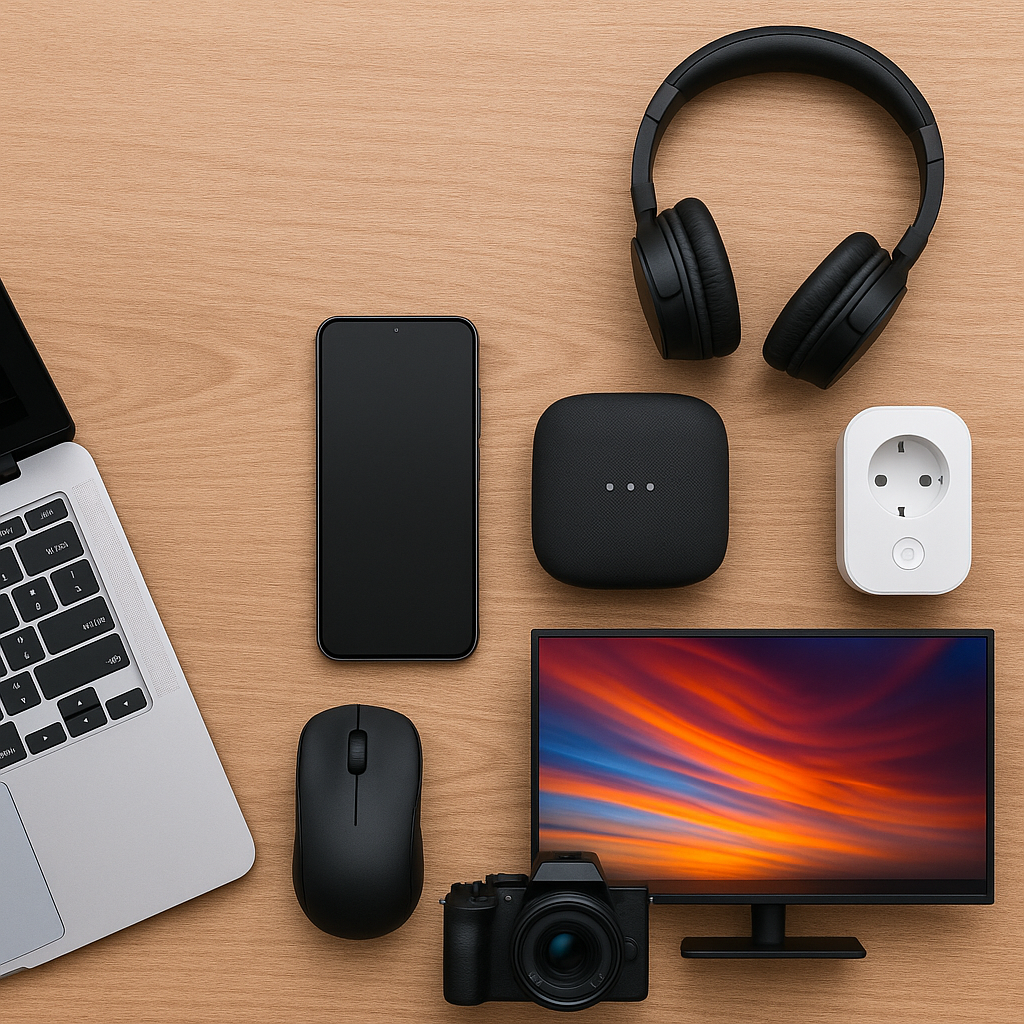 Collection of modern electronic gadgets including laptop, smartphone, headphones, and smart devices on a wooden surface.