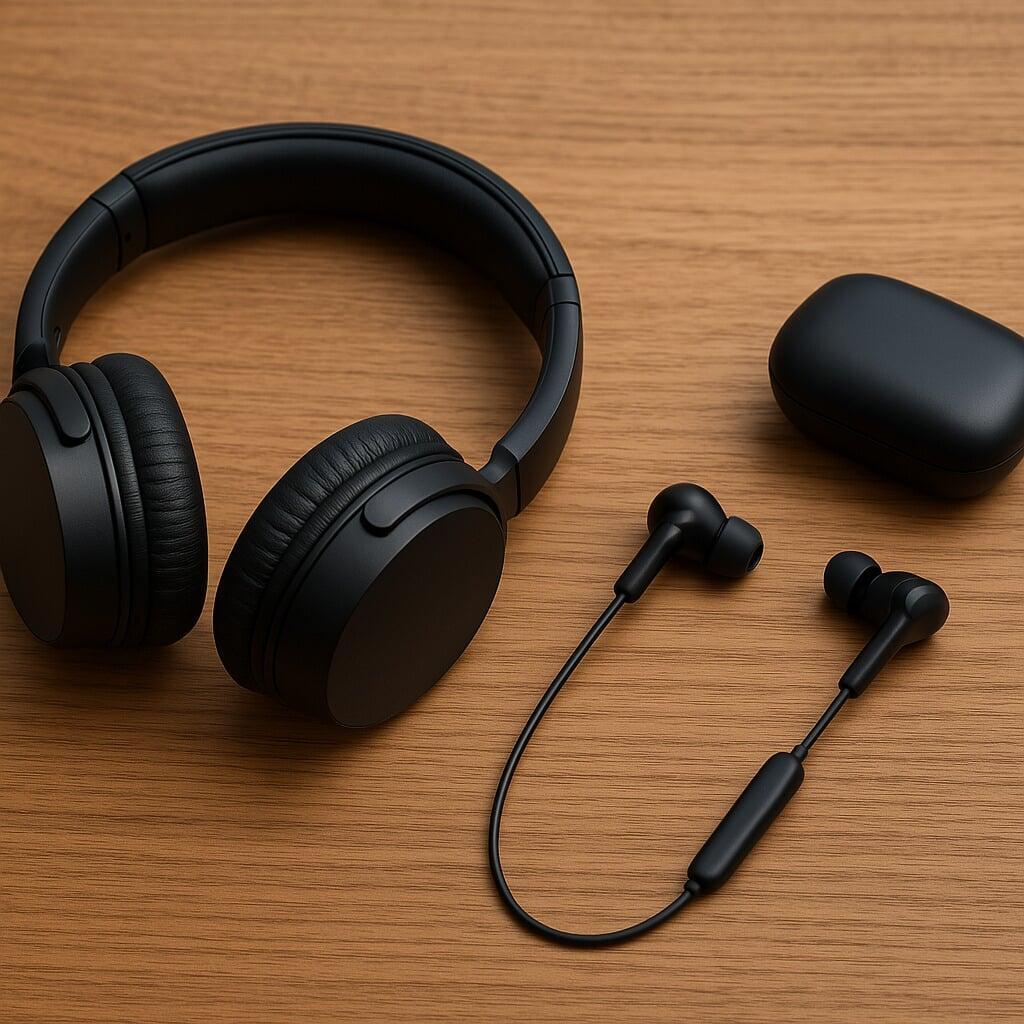 “Modern wireless over-ear headphones and compact in-ear earphones displayed on a wooden surface, highlighting contemporary audio technology and design.”
