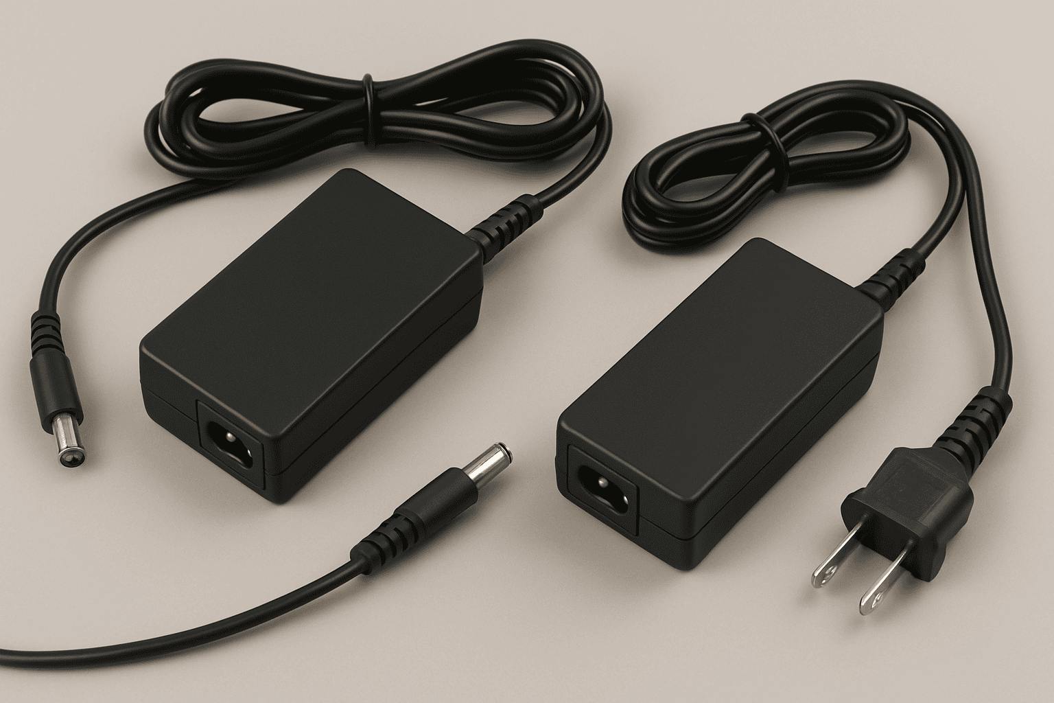 "Various laptop adapters for different brands and models, showcasing diverse plug and voltage options."
