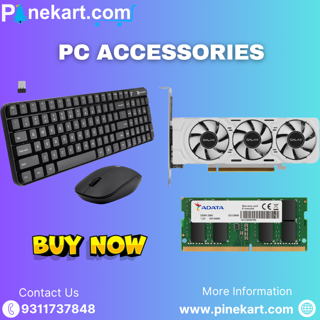 "A variety of essential PC accessories including a keyboard, mouse, monitor, headphones, and webcam arranged on a modern desktop setup."