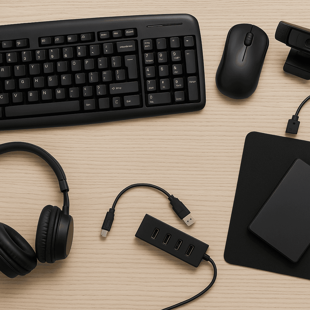 PC accessories including a keyboard, mouse, headset, webcam, USB hub, and external hard drive on a wooden desk.