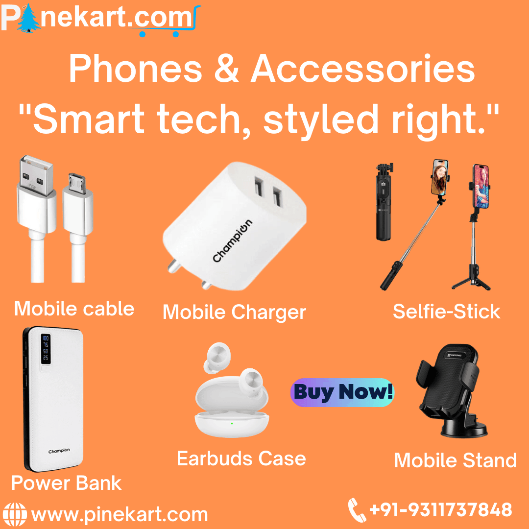 "Various phone accessories including case, charger, and earbuds."