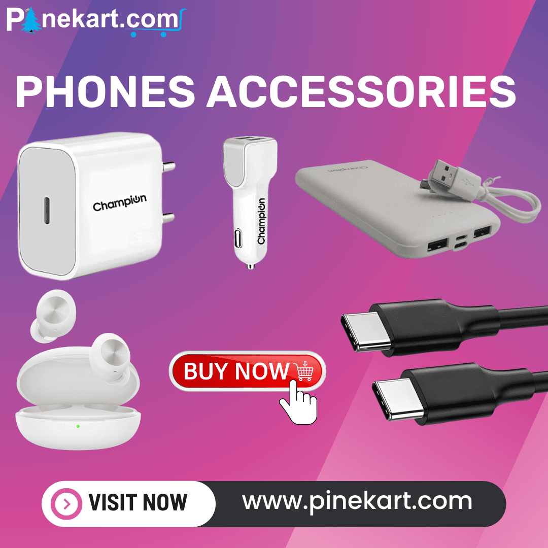 A variety of essential phone accessories including wireless earbuds, charging cables, power banks, phone cases, and mobile holders placed neatly on a desk.