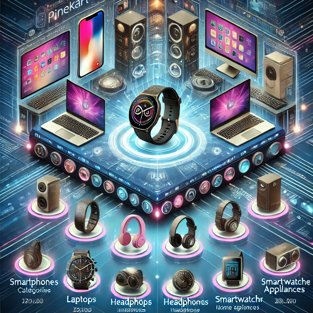 "Top electronics categories on Pinekart: smartphones, laptops, headphones, smartwatches, and home appliances in a futuristic digital layout."