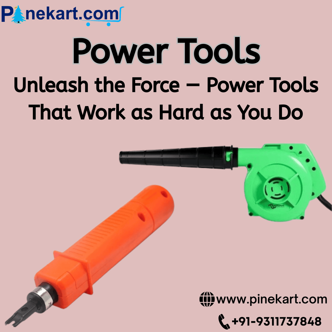"Assorted power tools including a cordless drill, angle grinder, and electric saw arranged on a wooden workbench for construction and DIY projects"