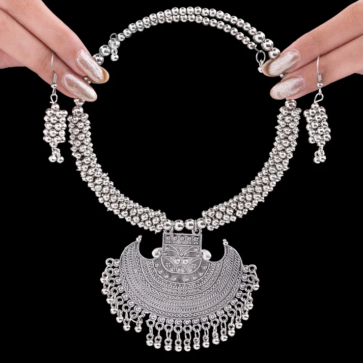 Oxidised Silver Necklace Set With Earrings Oxidised Silver Necklace Set With Earrings