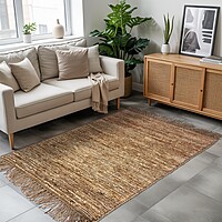 Handmade Natural Jute Area Rug, Rustic Flatweave with Fringe, Boho Farmhouse Style