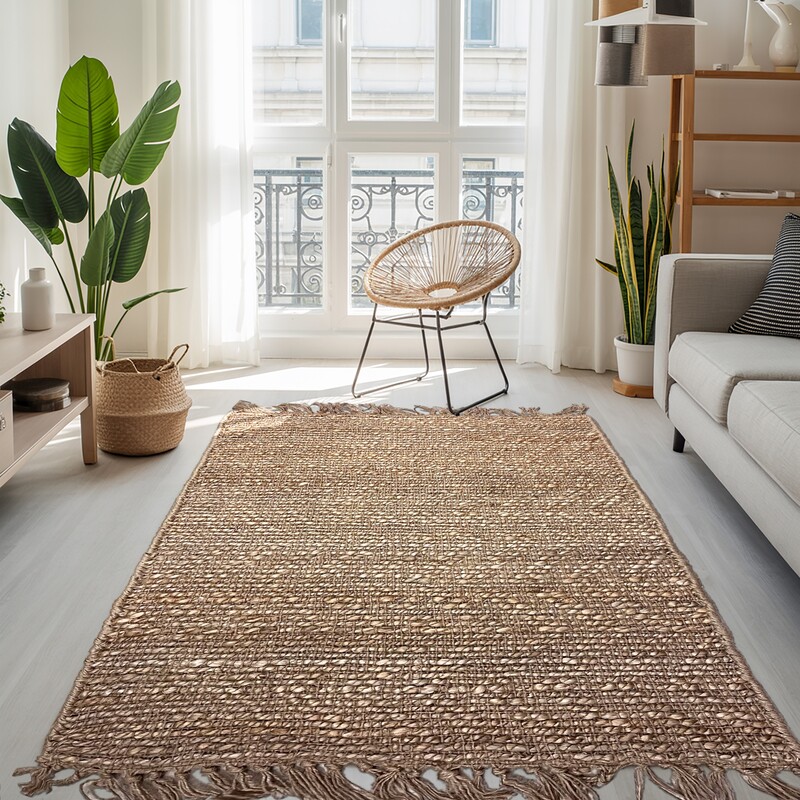 Handmade Natural Jute Area Rug, Braided Reversible, Boho Farmhouse Style, Indoor/Outdoor