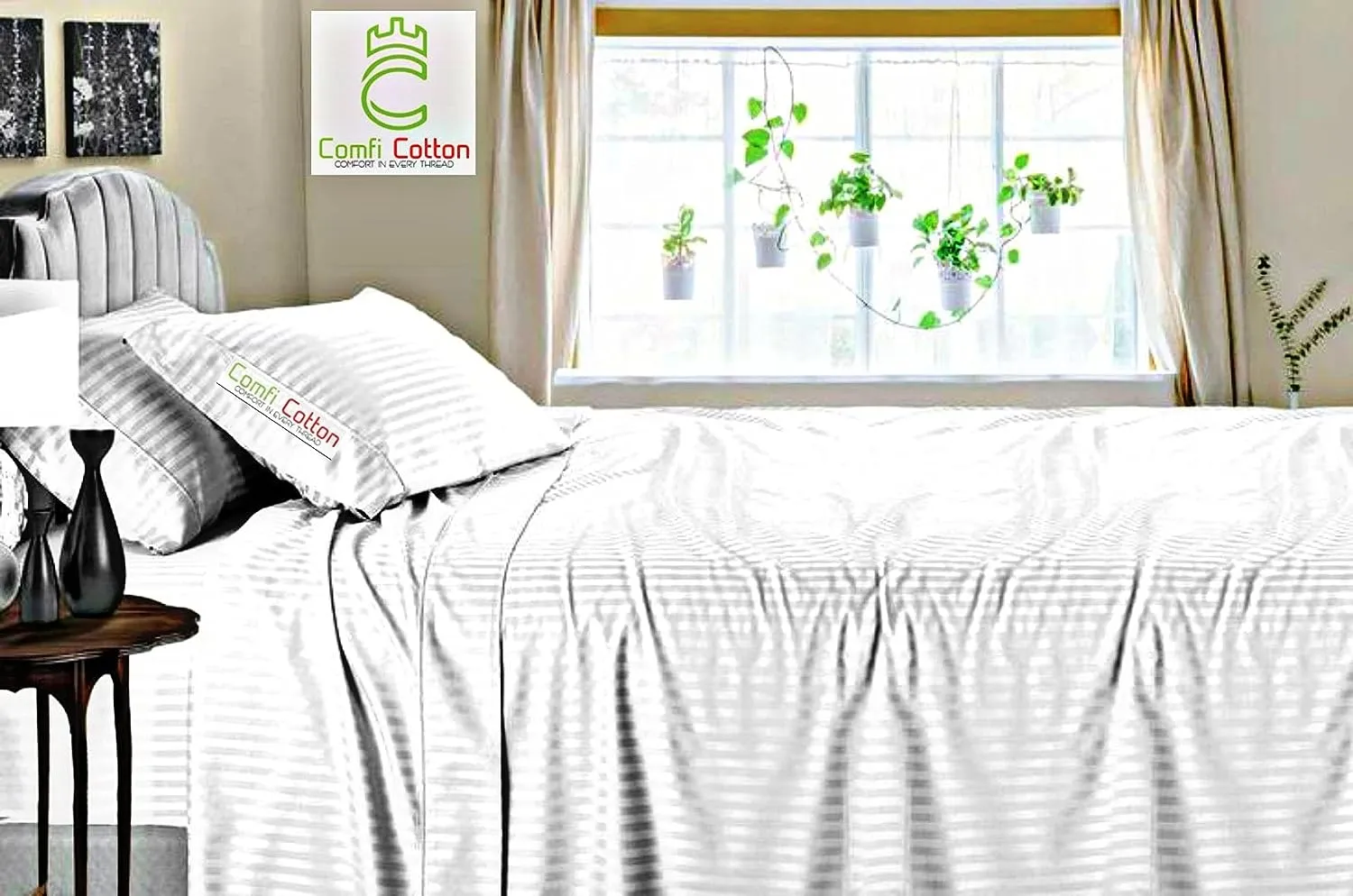 Sofrito Flat Bedsheet 400 TC - Striped - White |100% Combed Cotton, Breathable, 5-Star Hotel Quality Sheets|