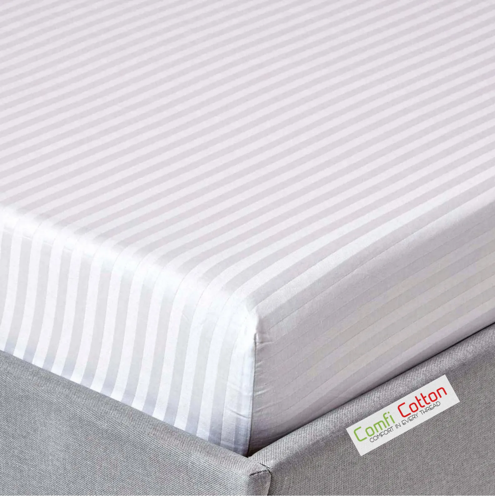Sofrito 100% Cotton Bedsheet (Fitted) - 400 TC - Striped - White