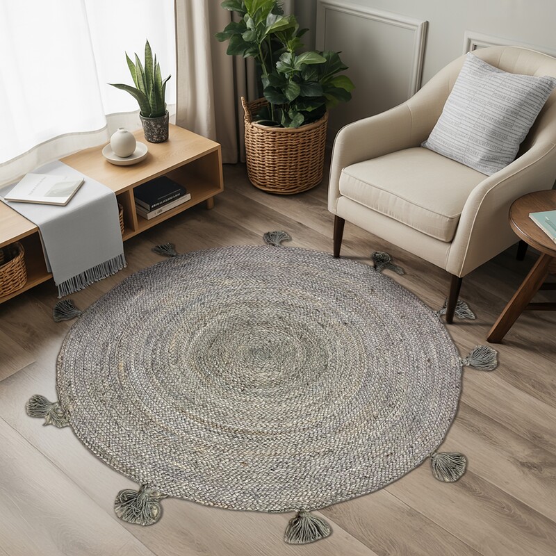 Royegal Carpets Round Jute Area Rug, Handwoven Braided Design with Tassels, Natural Farmhouse Style