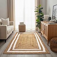 Handmade Jute Area Rug, Natural with White Border Stripes, Coastal Boho Farmhouse Style