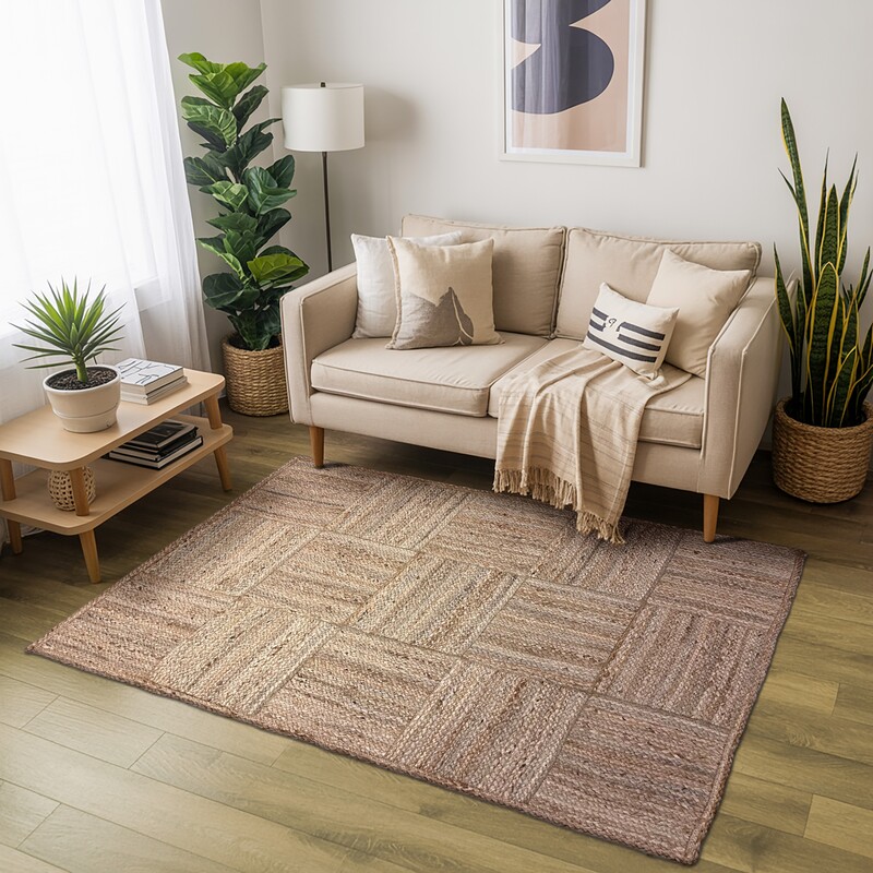Handwoven Natural Jute Area Rug, Patchwork Design, Reversible Floor Covering for Living Room