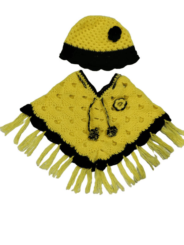 Handknitted Yellow and Black woolen poncho and cap for kids between 3 and 5 years || Beautiful Chrochet touch