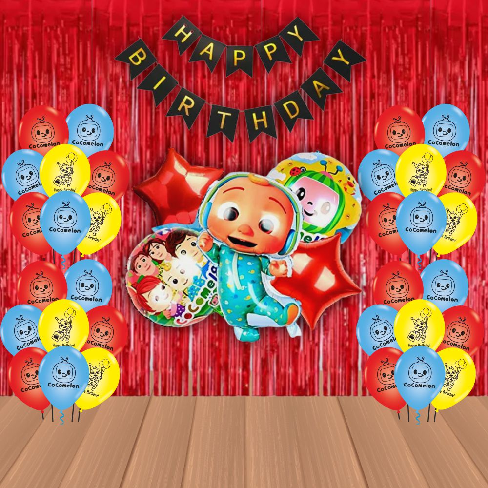 The Magic Balloons Store – Printed Cocomelon Birthday Party Decoration combo kits – Cocomelon Birthday Combo Pack of 38 Pcs, foil 5 pcs Set,1 Happy Birthday banner, 2 Foil Curtains,30 Balloons-181547