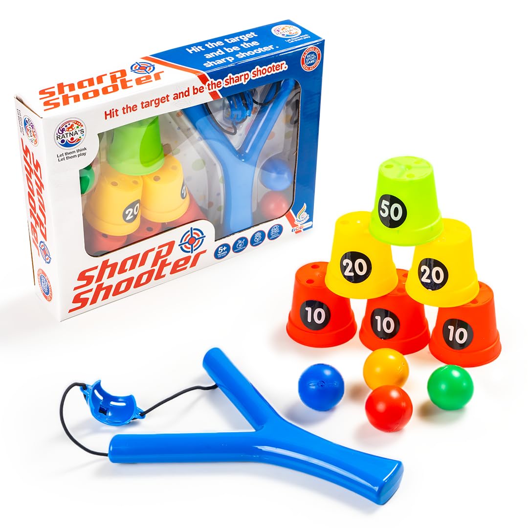 Sharp Shooter(6 Plastic Cup Targets & 4 Balls), Slingshot Catapult Gulel Power Blaster Archery for Kids