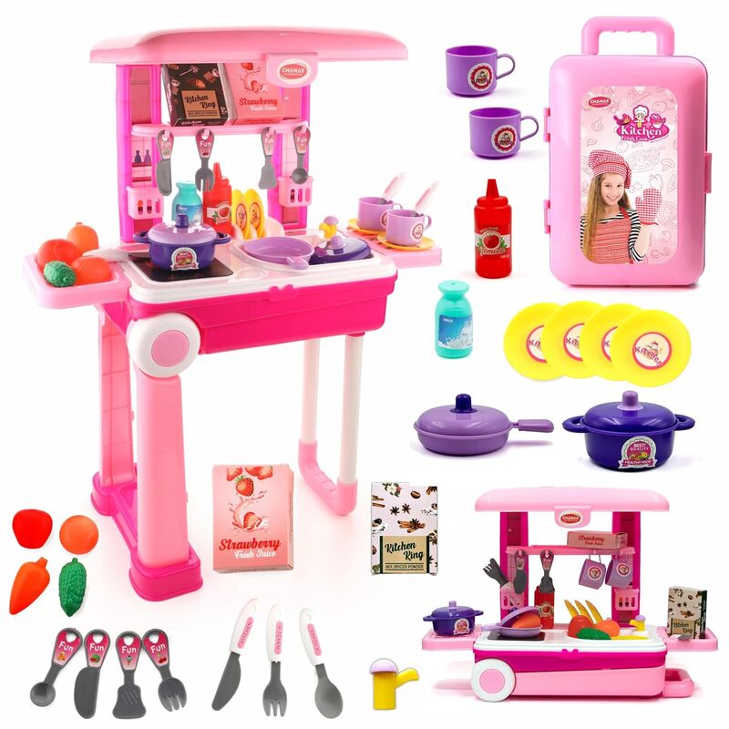Kitchen Suitcase Set for Girls, Colorful Pretend Play Cooking Set for Girls with 23 Pieces