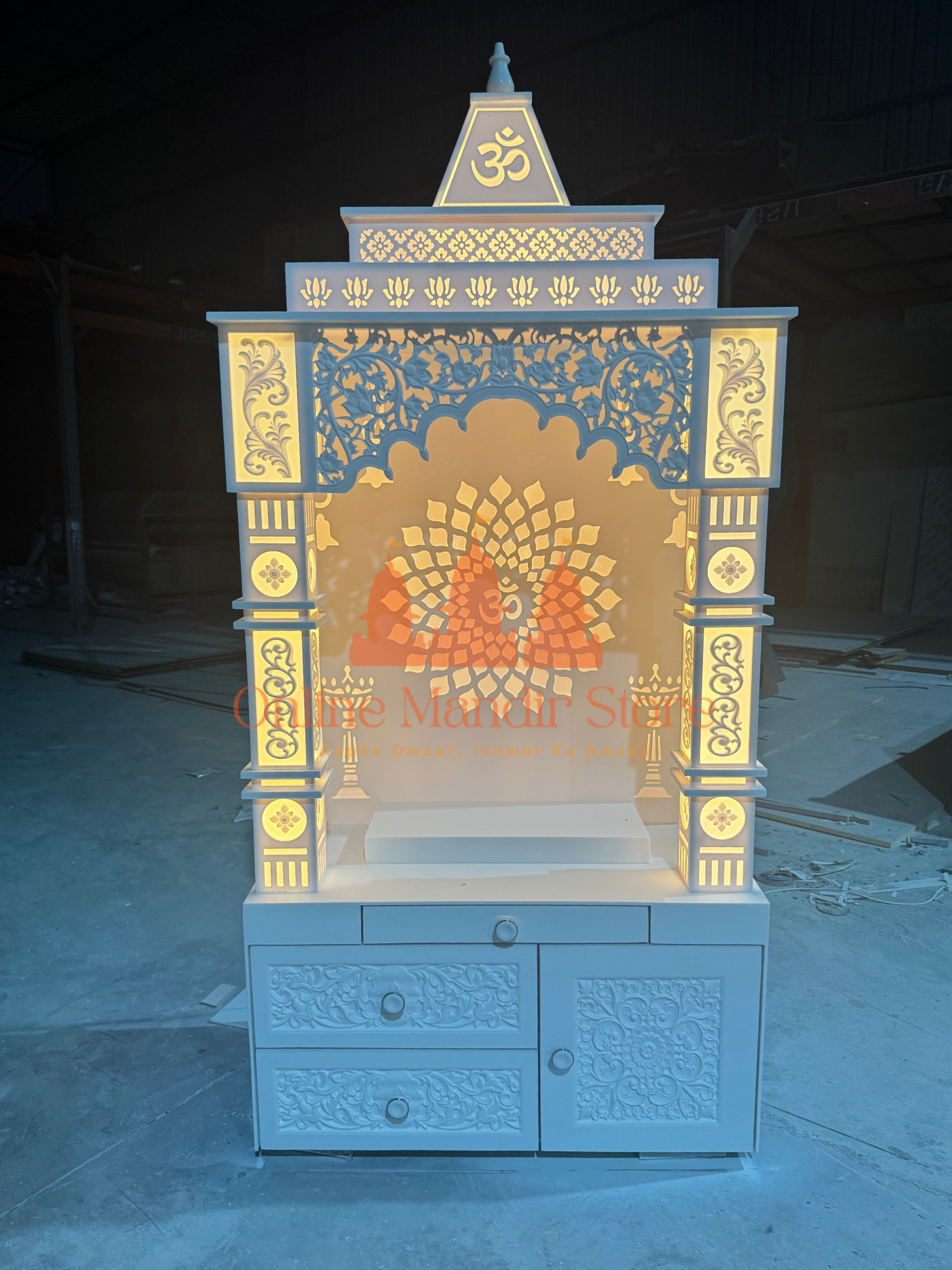 Premium Corian Mandir with Intricate Carvings and LED Lighting