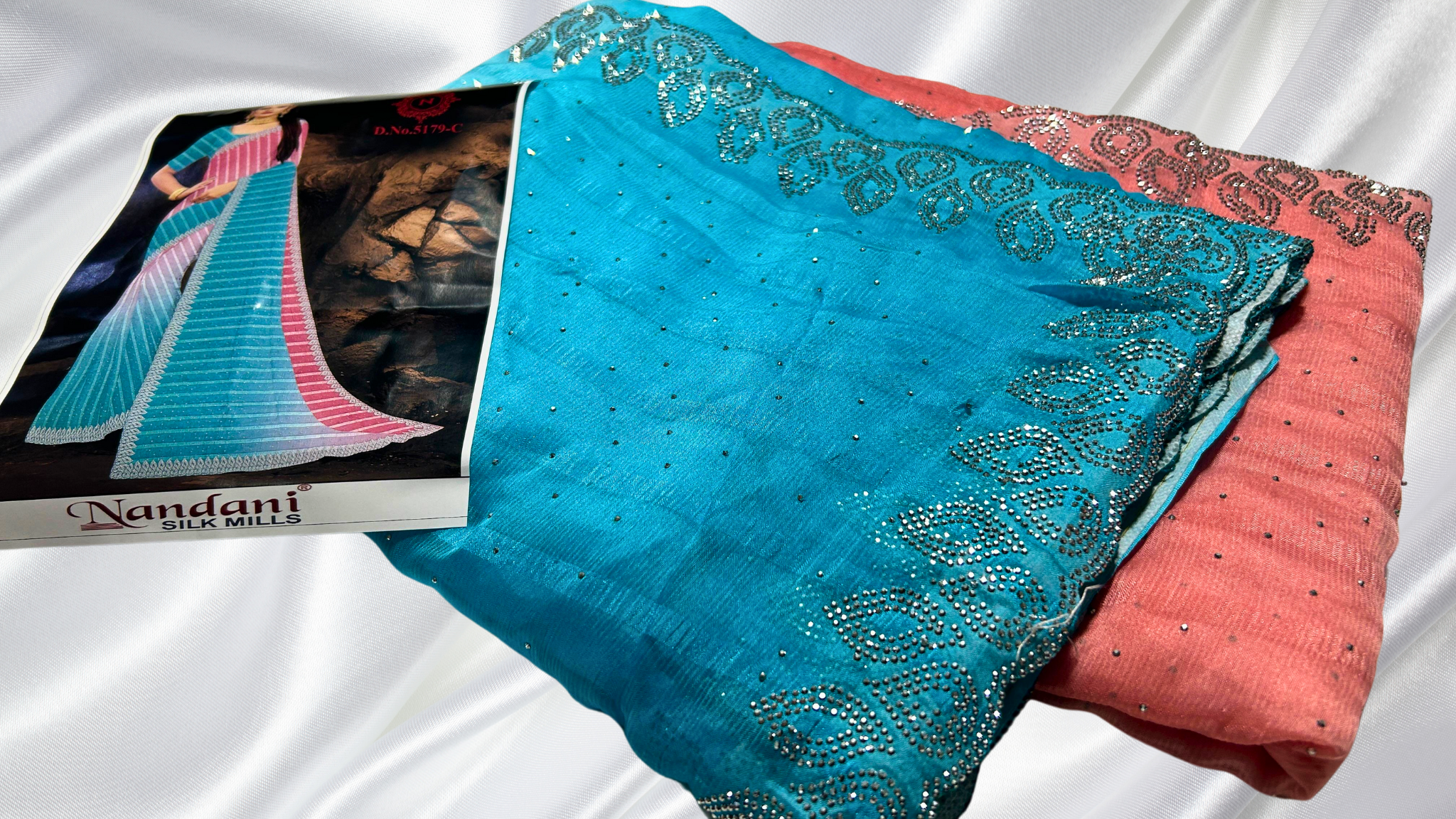 Grand Stone Work Popcorn Saree - Turquoise & Peach