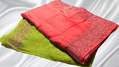 Space Stone Work Designer Saree - Leaf Green & Peach