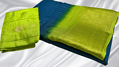 Shalimar Fancy Line Silk Saree - Dark Blue & Pista