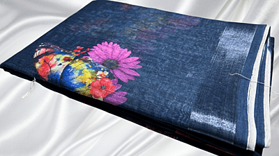 Linen Cotton Butterfly Saree - Dark Blue